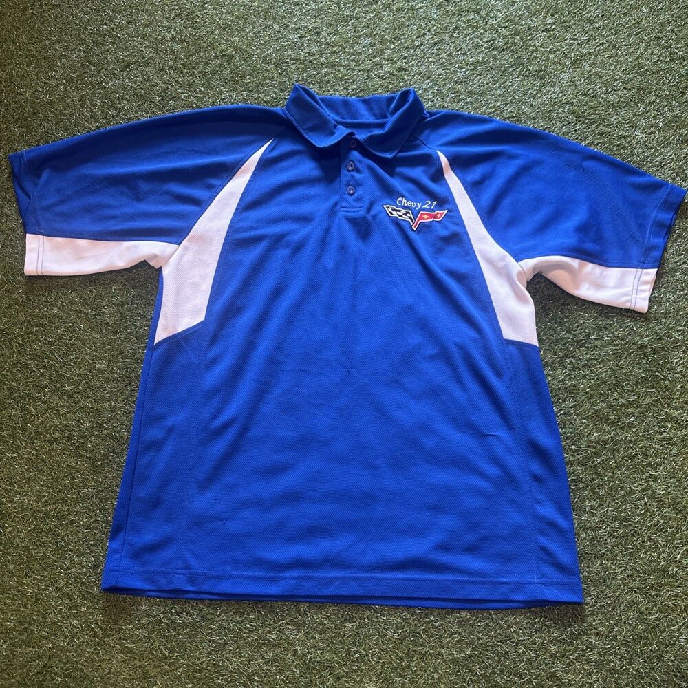 Vintage Embroidered Chevy 21 Corvette Blue Polo Golf Shirt Mens XL